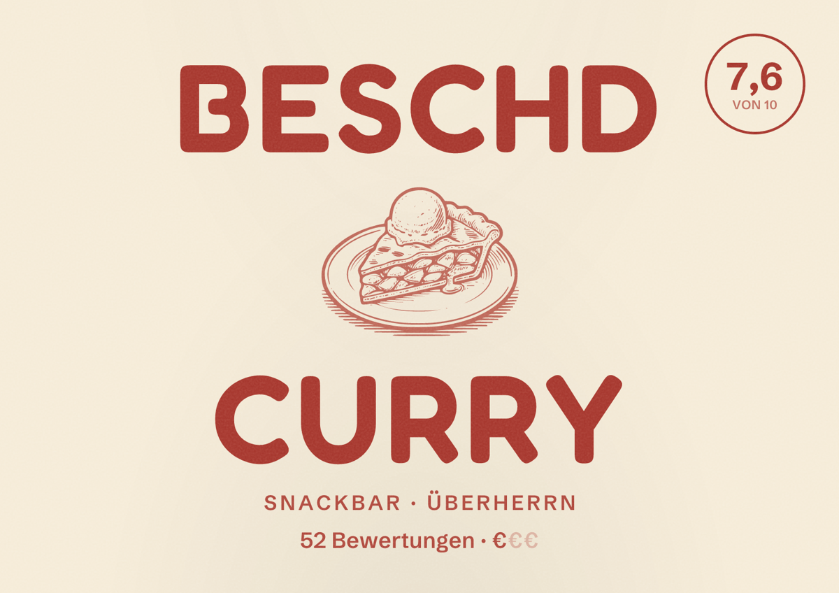 Illustriertes Poster von Beschd Curry, Snackbar in Überherrn: Bewertung 7,6 von 10 aus 52 Bewertungen, Preisniveau €