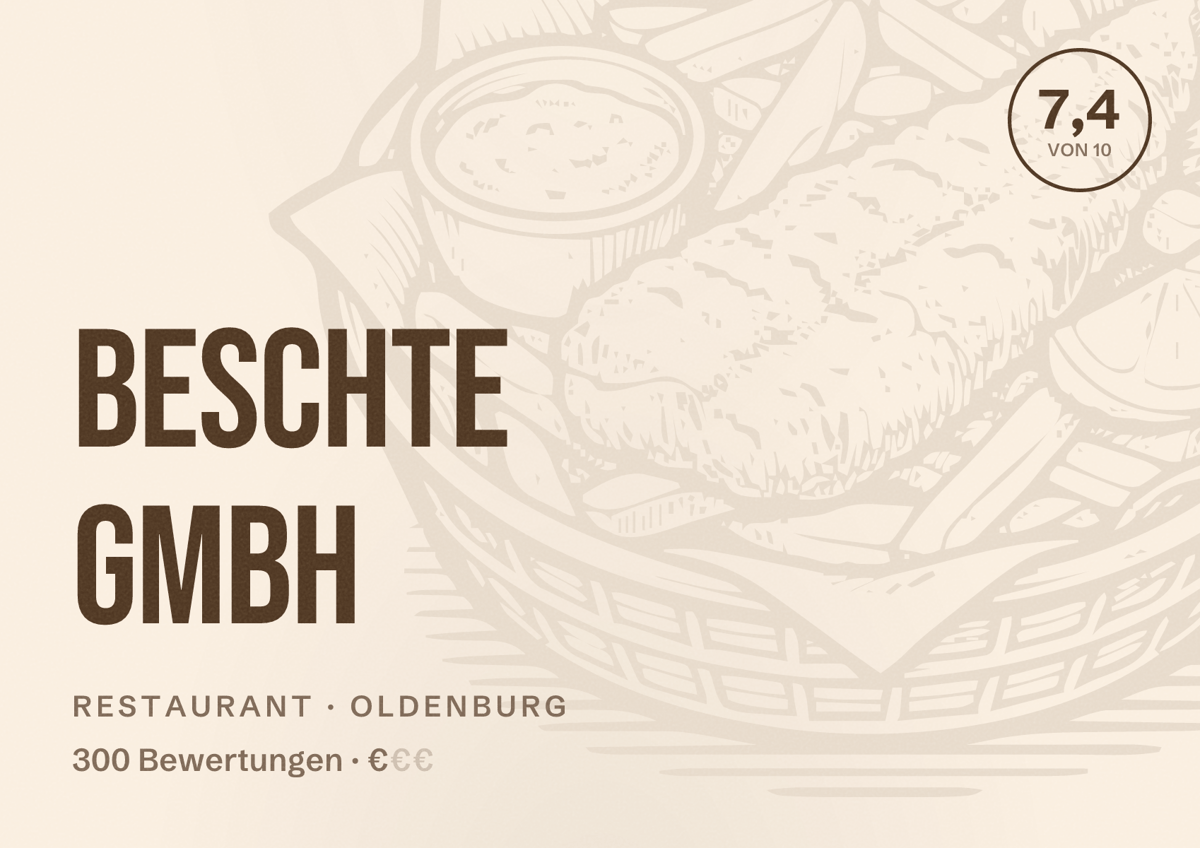 Illustriertes Poster von Beschte GmbH, Restaurant in Oldenburg: Bewertung 7,4 von 10 aus 300 Bewertungen, Preisniveau €