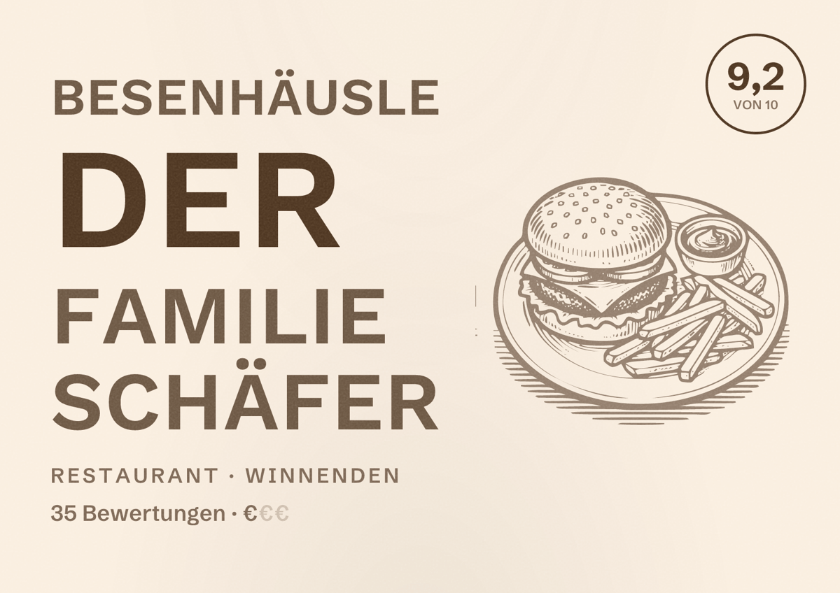 Illustriertes Poster von Besenhäusle der Familie Schäfer, Restaurant in Winnenden: Bewertung 9,2 von 10 aus 35 Bewertungen, Preisniveau €