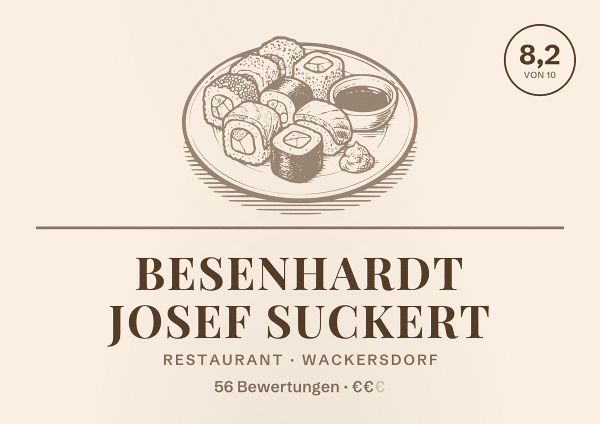 Illustriertes Poster von Besenhardt Josef Suckert, Restaurant in Wackersdorf: Bewertung 8,2 von 10 aus 56 Bewertungen, Preisniveau €€
