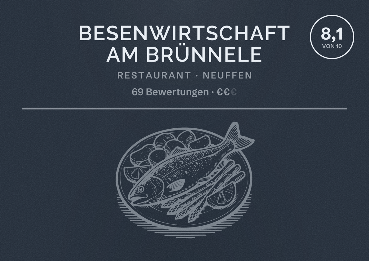 Illustriertes Poster von Besenwirtschaft Am Brünnele, Restaurant in Neuffen: Bewertung 8,1 von 10 aus 69 Bewertungen, Preisniveau €€