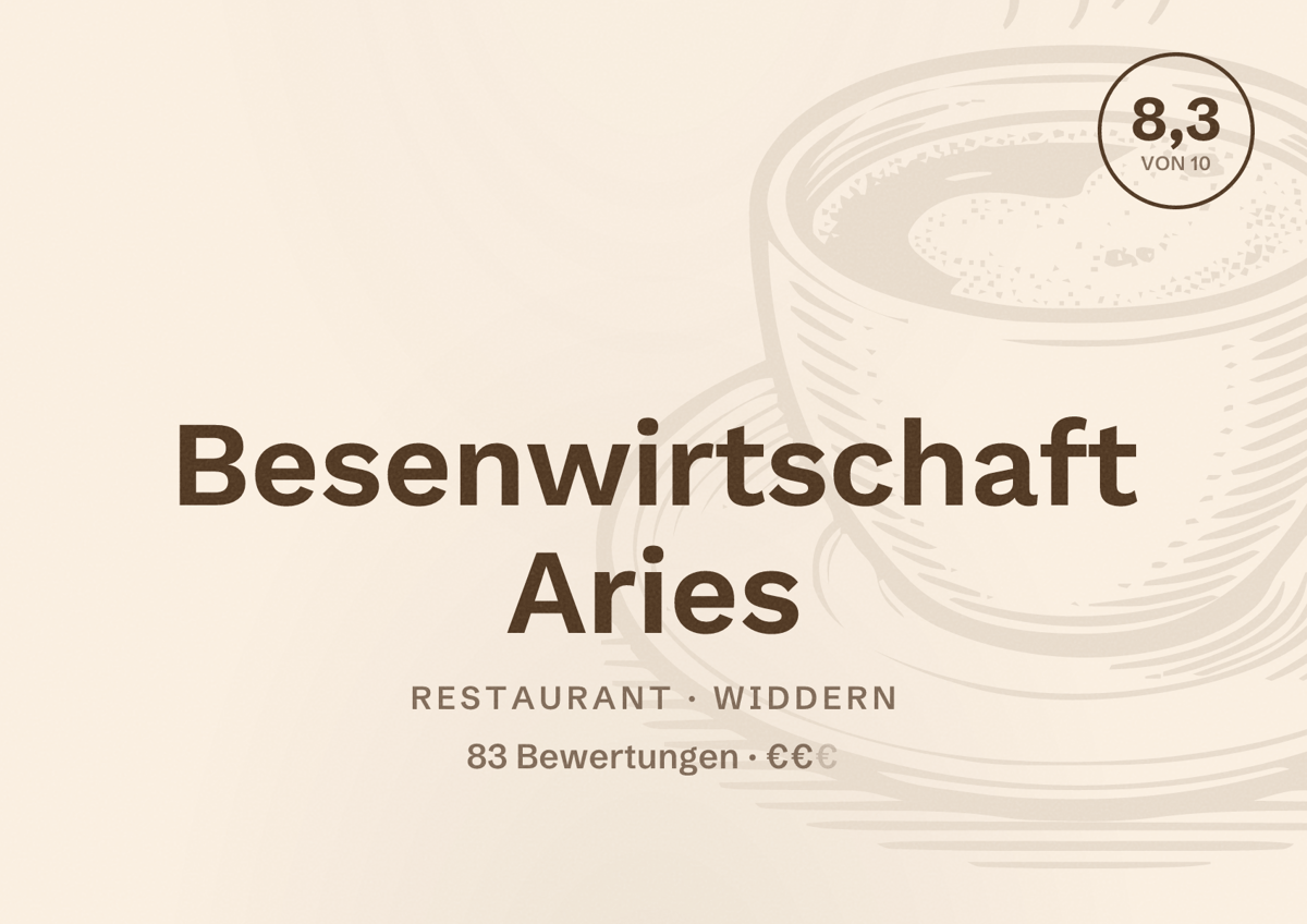 Illustriertes Poster von Besenwirtschaft Aries, Restaurant in Widdern: Bewertung 8,3 von 10 aus 83 Bewertungen, Preisniveau €€