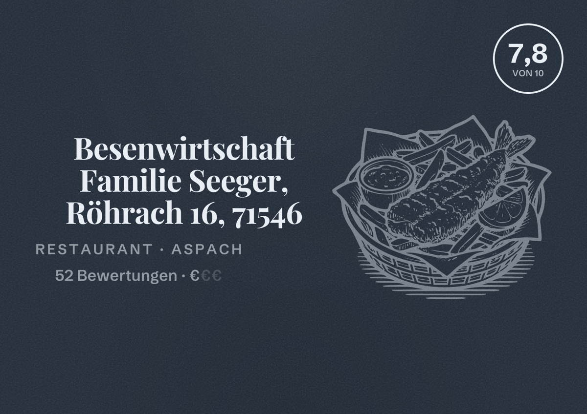 Illustriertes Poster von Besenwirtschaft Familie Seeger, Röhrach 16, 71546, Restaurant in Aspach: Bewertung 7,8 von 10 aus 52 Bewertungen, Preisniveau €