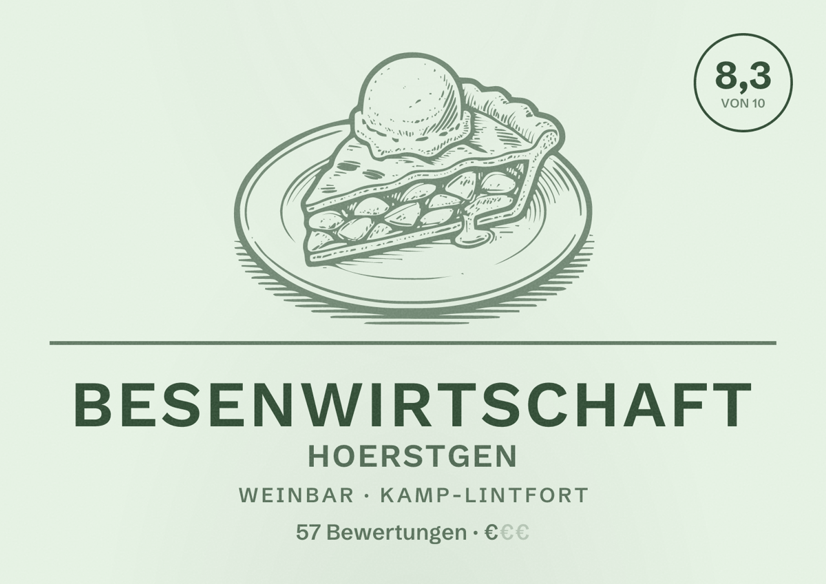 Illustriertes Poster von Besenwirtschaft Hoerstgen, Weinbar in Kamp-Lintfort: Bewertung 8,3 von 10 aus 57 Bewertungen, Preisniveau €