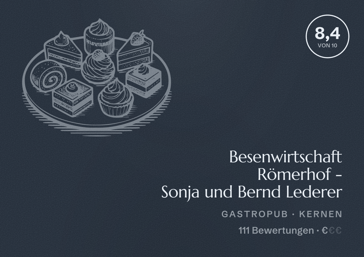Illustriertes Poster von Besenwirtschaft Römerhof - Sonja und Bernd Lederer, Gastropub in Kernen: Bewertung 8,4 von 10 aus 111 Bewertungen, Preisniveau €
