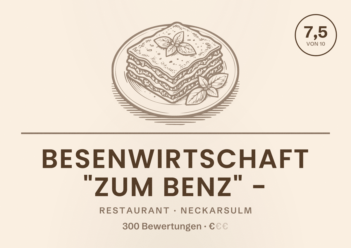 Illustriertes Poster von Besenwirtschaft "Zum Benz" -, Restaurant in Neckarsulm: Bewertung 7,5 von 10 aus 300 Bewertungen, Preisniveau €