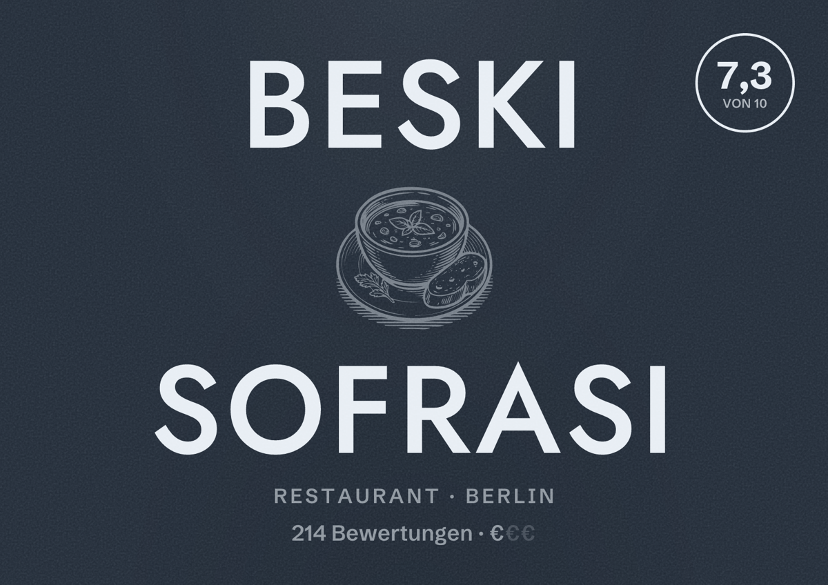 Illustriertes Poster von Beski Sofrası, Restaurant in Berlin: Bewertung 7,3 von 10 aus 214 Bewertungen, Preisniveau €