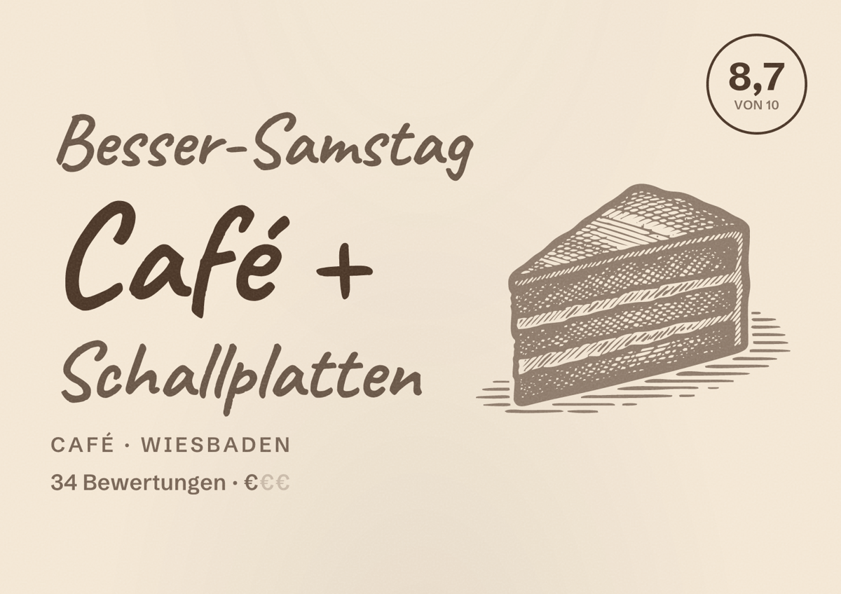 Illustriertes Poster von Besser-Samstag Café + Schallplatten, Café in Wiesbaden: Bewertung 8,7 von 10 aus 34 Bewertungen, Preisniveau €