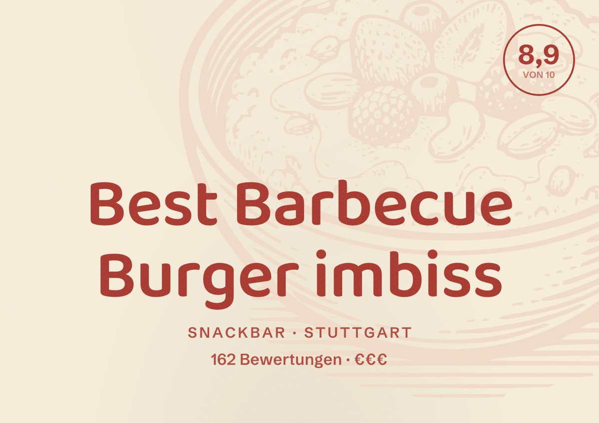 Illustriertes Poster von Best Barbecue Burger imbiss, Snackbar in Stuttgart: Bewertung 8,9 von 10 aus 162 Bewertungen, Preisniveau €€€