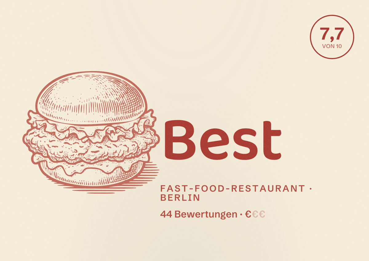 Illustriertes Poster von Best, Fast-Food-Restaurant in Berlin: Bewertung 7,7 von 10 aus 44 Bewertungen, Preisniveau €