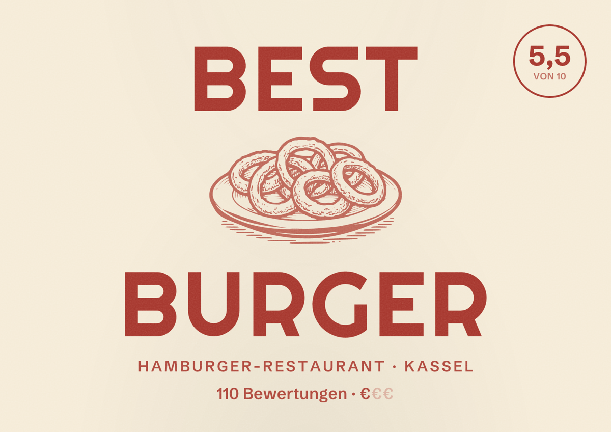 Illustriertes Poster von Best Burger, Hamburger-Restaurant in Kassel: Bewertung 5,5 von 10 aus 110 Bewertungen, Preisniveau €