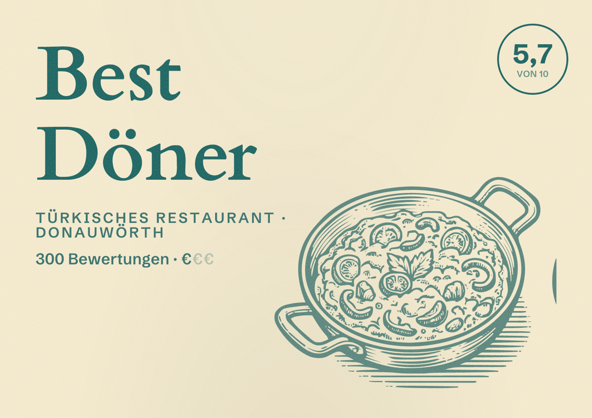 Illustriertes Poster von Best Döner, Türkisches Restaurant in Donauwörth: Bewertung 5,7 von 10 aus 300 Bewertungen, Preisniveau €