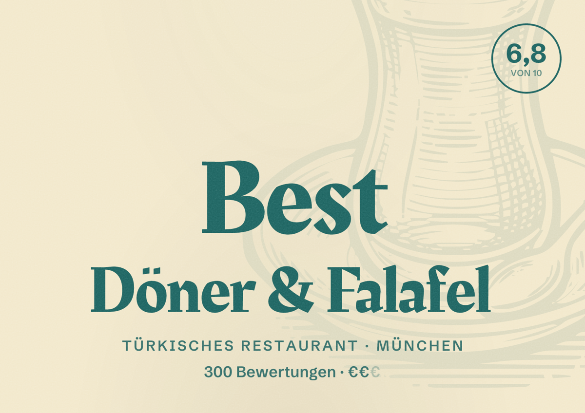 Illustriertes Poster von Best Döner & Falafel, Türkisches Restaurant in München: Bewertung 6,8 von 10 aus 300 Bewertungen, Preisniveau €€
