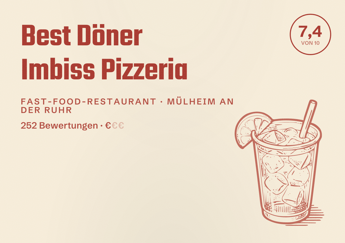 Illustriertes Poster von Best Döner Imbiss Pizzeria, Fast-Food-Restaurant in Mülheim an der Ruhr: Bewertung 7,4 von 10 aus 252 Bewertungen, Preisniveau €