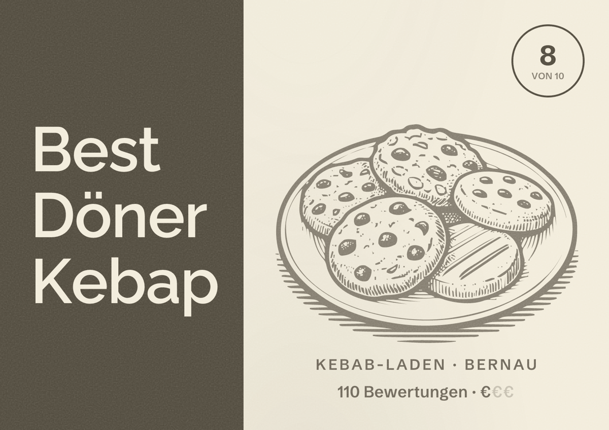 Illustriertes Poster von Best Döner Kebap, Kebab-Laden in Bernau: Bewertung 8 von 10 aus 110 Bewertungen, Preisniveau €