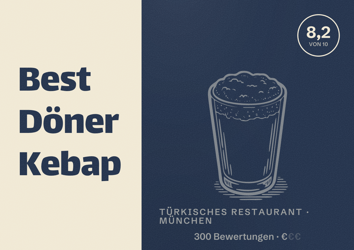 Illustriertes Poster von Best Döner Kebap, Türkisches Restaurant in München: Bewertung 8,2 von 10 aus 300 Bewertungen, Preisniveau €