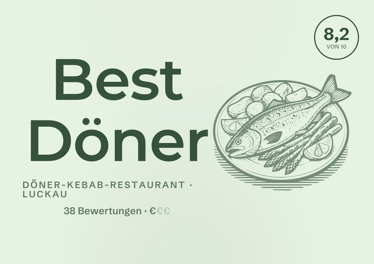 Illustriertes Poster von Best Döner, Döner-Kebab-Restaurant in Luckau: Bewertung 8,2 von 10 aus 38 Bewertungen, Preisniveau €