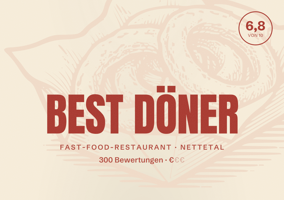 Illustriertes Poster von BEST DÖNER, Fast-Food-Restaurant in Nettetal: Bewertung 6,8 von 10 aus 300 Bewertungen, Preisniveau €