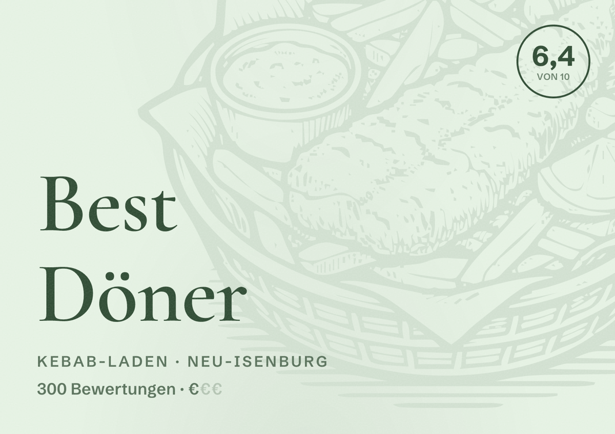 Illustriertes Poster von Best Döner, Kebab-Laden in Neu-Isenburg: Bewertung 6,4 von 10 aus 300 Bewertungen, Preisniveau €