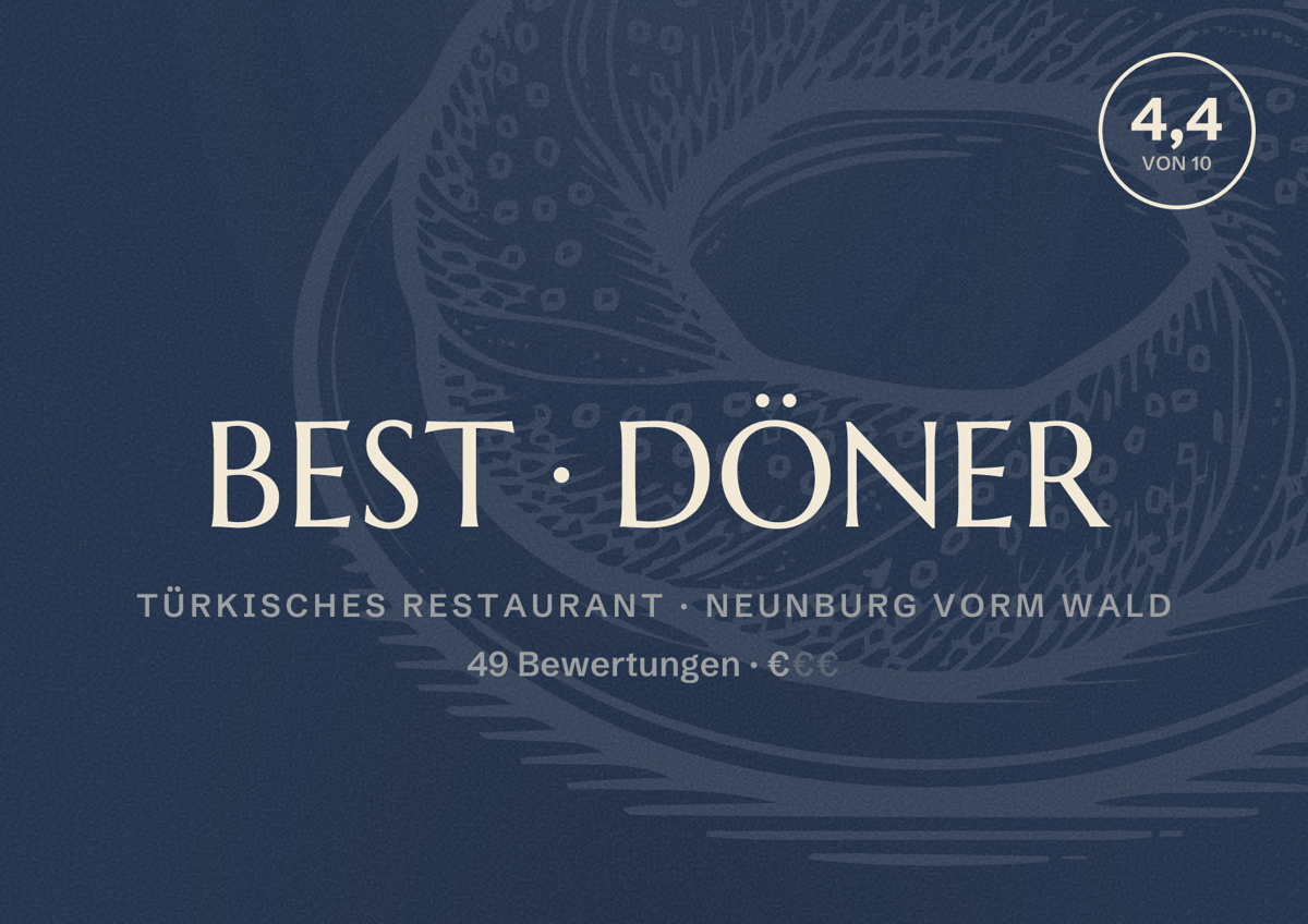 Illustriertes Poster von BEST DÖNER, Türkisches Restaurant in Neunburg vorm Wald: Bewertung 4,4 von 10 aus 49 Bewertungen, Preisniveau €