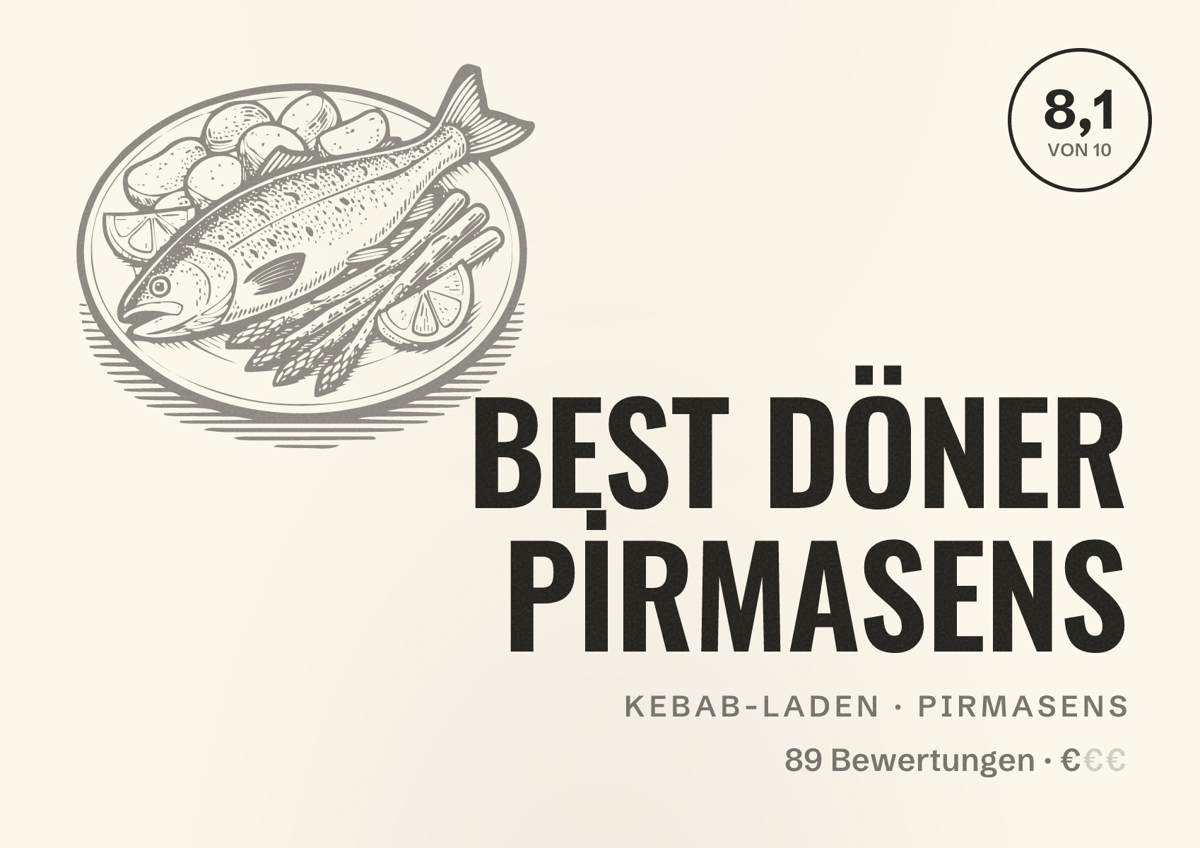 Illustriertes Poster von BEST DÖNER PİRMASENS, Kebab-Laden in Pirmasens: Bewertung 8,1 von 10 aus 89 Bewertungen, Preisniveau €