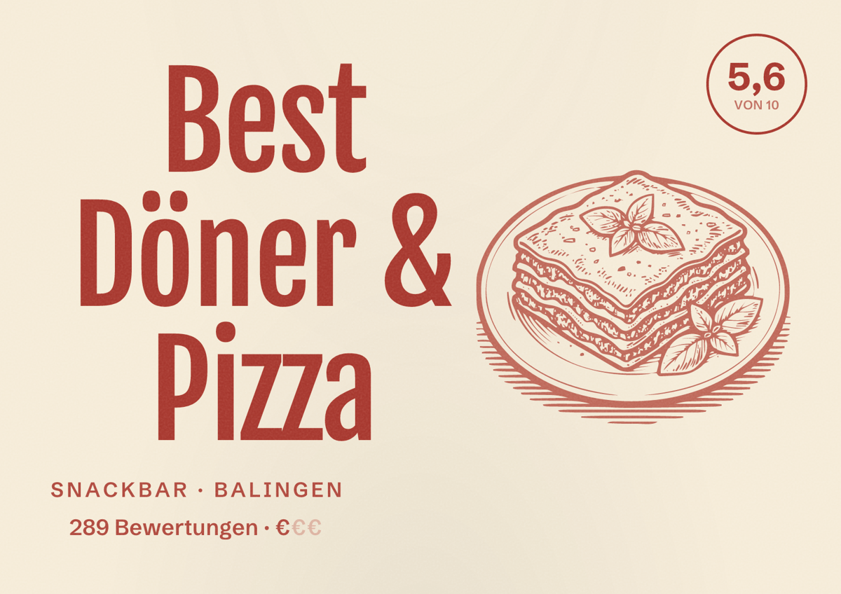 Illustriertes Poster von Best Döner & Pizza, Snackbar in Balingen: Bewertung 5,6 von 10 aus 289 Bewertungen, Preisniveau €