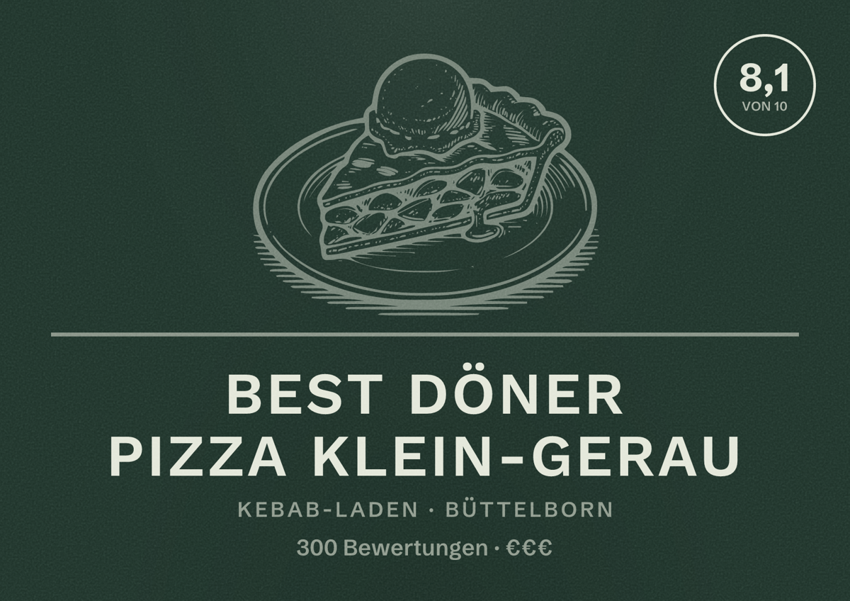 Illustriertes Poster von Best Döner Pizza Klein-Gerau, Kebab-Laden in Büttelborn: Bewertung 8,1 von 10 aus 300 Bewertungen, Preisniveau €€€