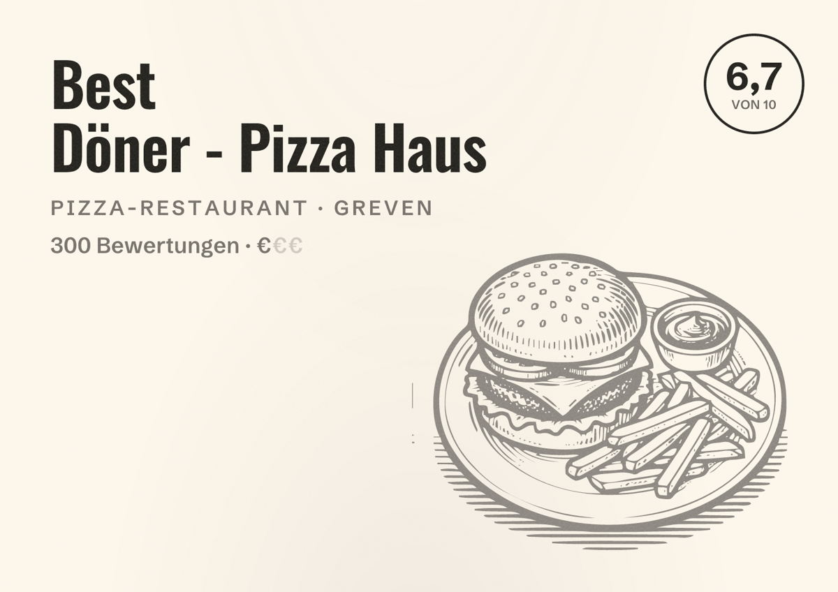 Illustriertes Poster von Best Döner - Pizza Haus, Pizza-Restaurant in Greven: Bewertung 6,7 von 10 aus 300 Bewertungen, Preisniveau €