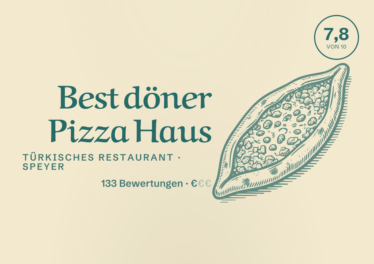 Illustriertes Poster von Best döner Pizza Haus, Türkisches Restaurant in Speyer: Bewertung 7,8 von 10 aus 133 Bewertungen, Preisniveau €