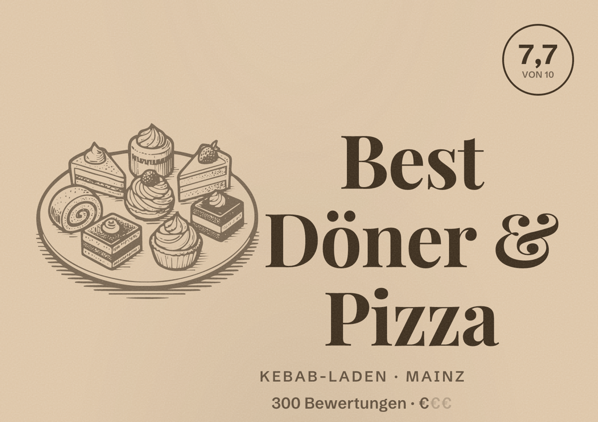 Illustriertes Poster von Best Döner & Pizza, Kebab-Laden in Mainz: Bewertung 7,7 von 10 aus 300 Bewertungen, Preisniveau €