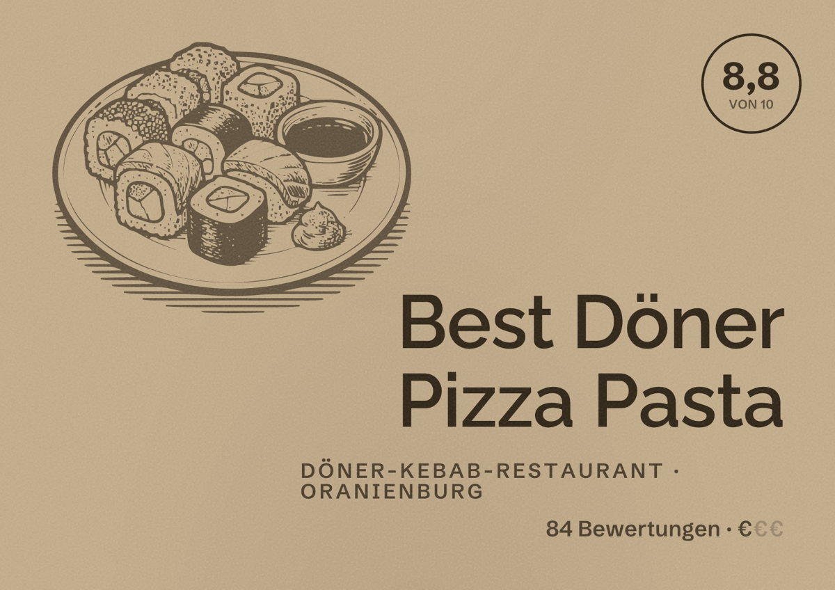 Illustriertes Poster von Best Döner Pizza Pasta, Döner-Kebab-Restaurant in Oranienburg: Bewertung 8,8 von 10 aus 84 Bewertungen, Preisniveau €