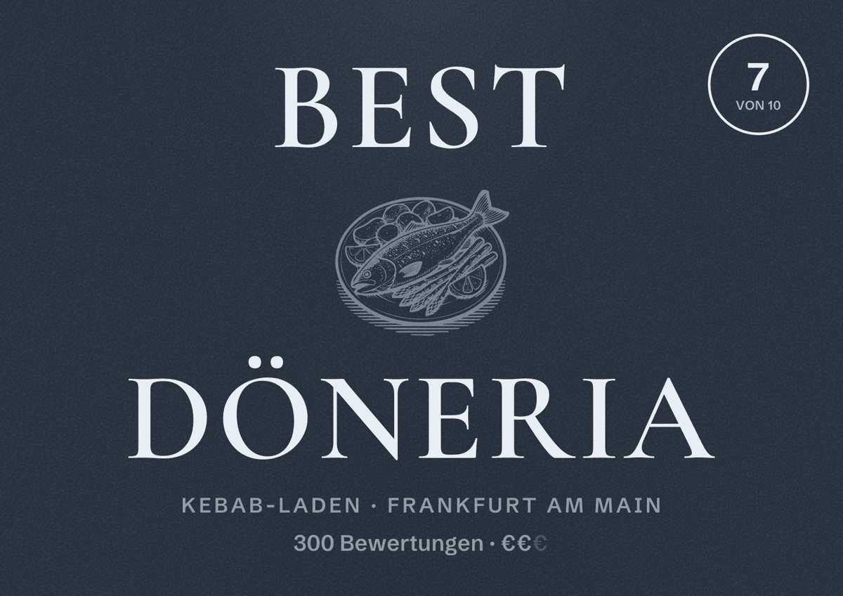 Illustriertes Poster von Best Döneria, Kebab-Laden in Frankfurt am Main: Bewertung 7,0 von 10 aus 300 Bewertungen, Preisniveau €€