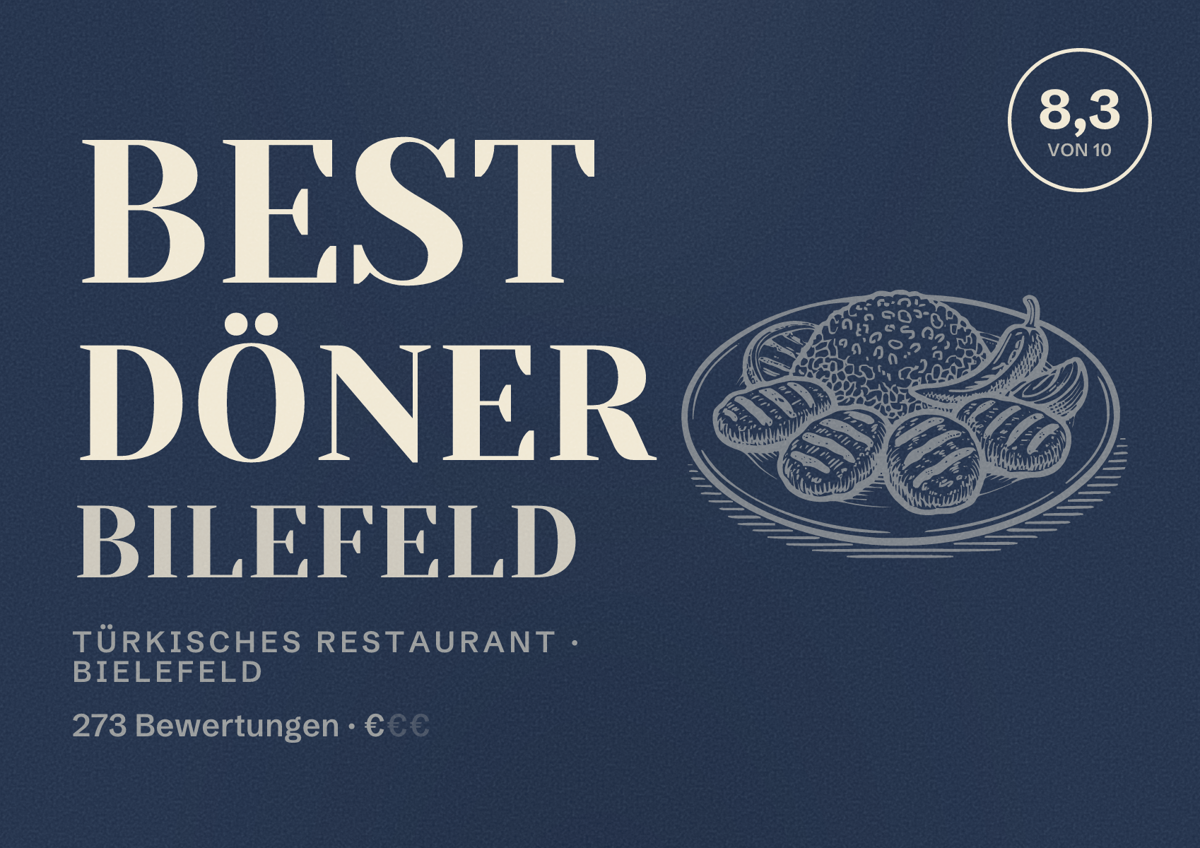 Illustriertes Poster von BEST DÖNER BILEFELD, Türkisches Restaurant in Bielefeld: Bewertung 8,3 von 10 aus 273 Bewertungen, Preisniveau €