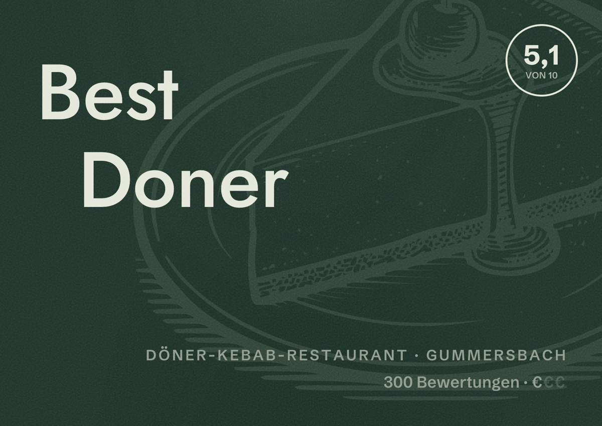 Illustriertes Poster von Best Doner, Döner-Kebab-Restaurant in Gummersbach: Bewertung 5,1 von 10 aus 300 Bewertungen, Preisniveau €