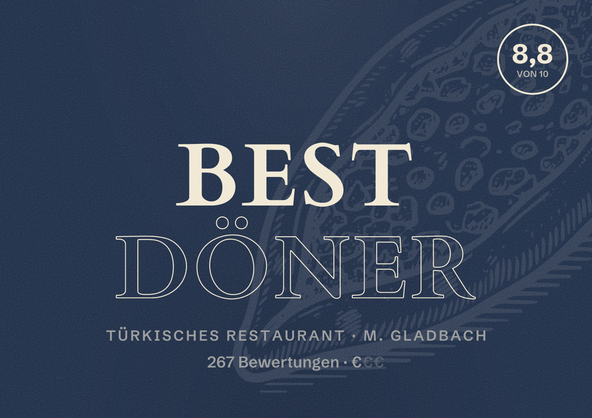Illustriertes Poster von Best Döner, Türkisches Restaurant in M. Gladbach: Bewertung 8,8 von 10 aus 267 Bewertungen, Preisniveau €
