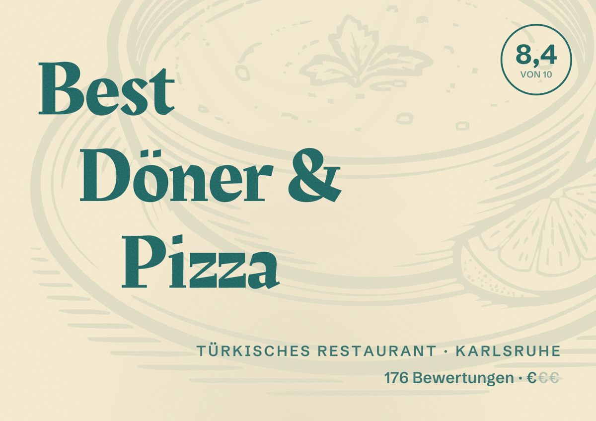 Illustriertes Poster von Best Döner & Pizza, Türkisches Restaurant in Karlsruhe: Gästebewertung 8,4 von 10 aus 176 Bewertungen