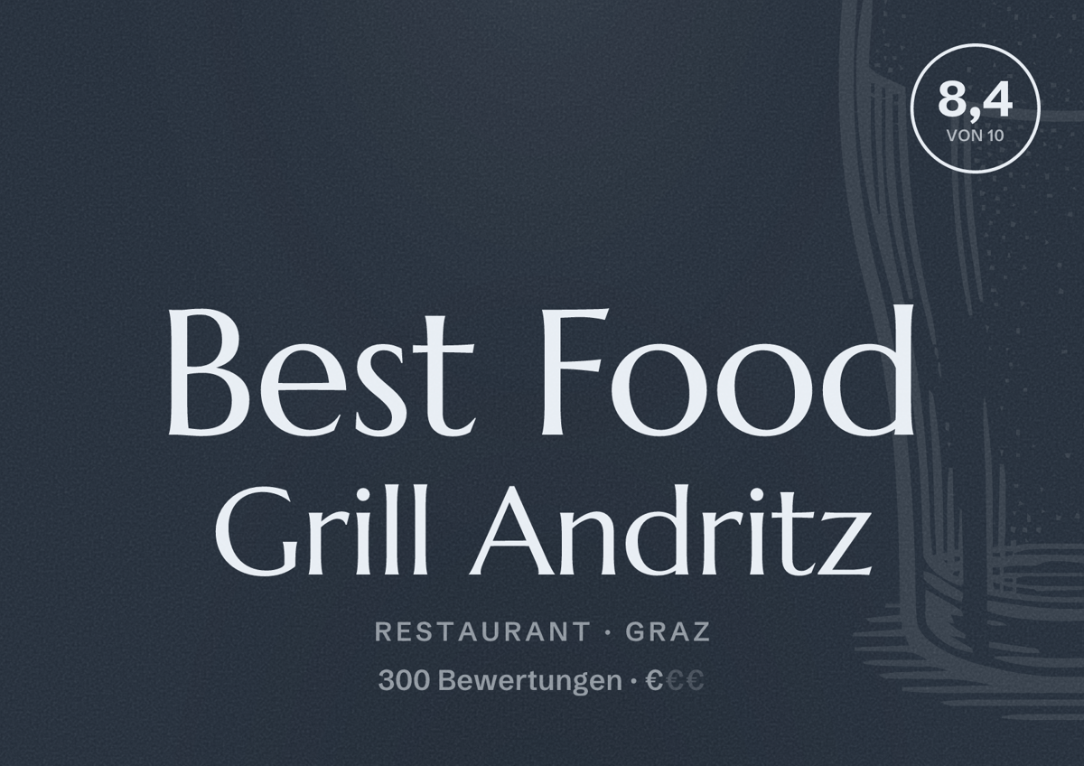 Illustriertes Poster von Best Food Grill Andritz, Restaurant in Graz: Bewertung 8,4 von 10 aus 300 Bewertungen, Preisniveau €