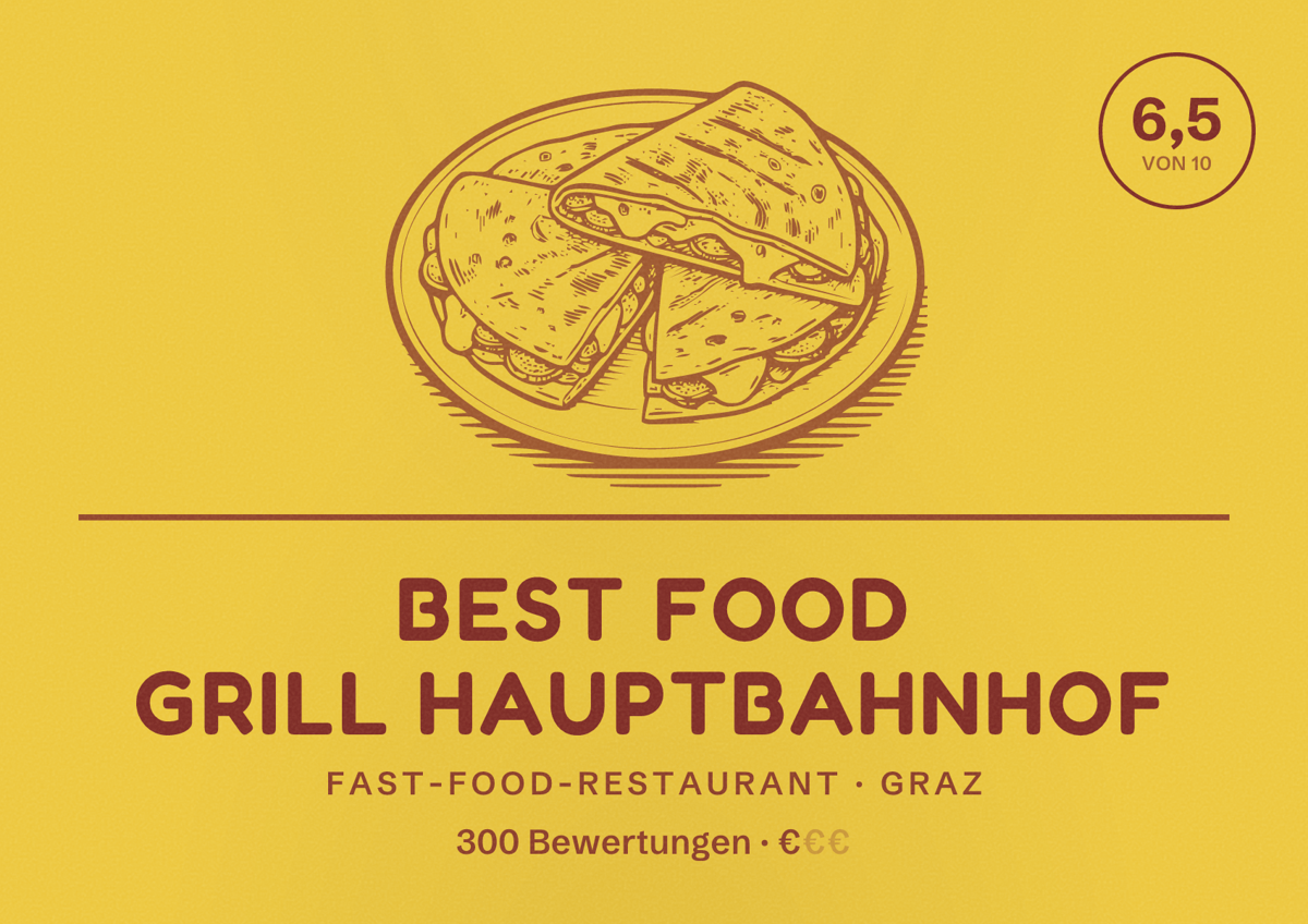 Illustriertes Poster von Best Food Grill Hauptbahnhof, Fast-Food-Restaurant in Graz: Bewertung 6,5 von 10 aus 300 Bewertungen, Preisniveau €