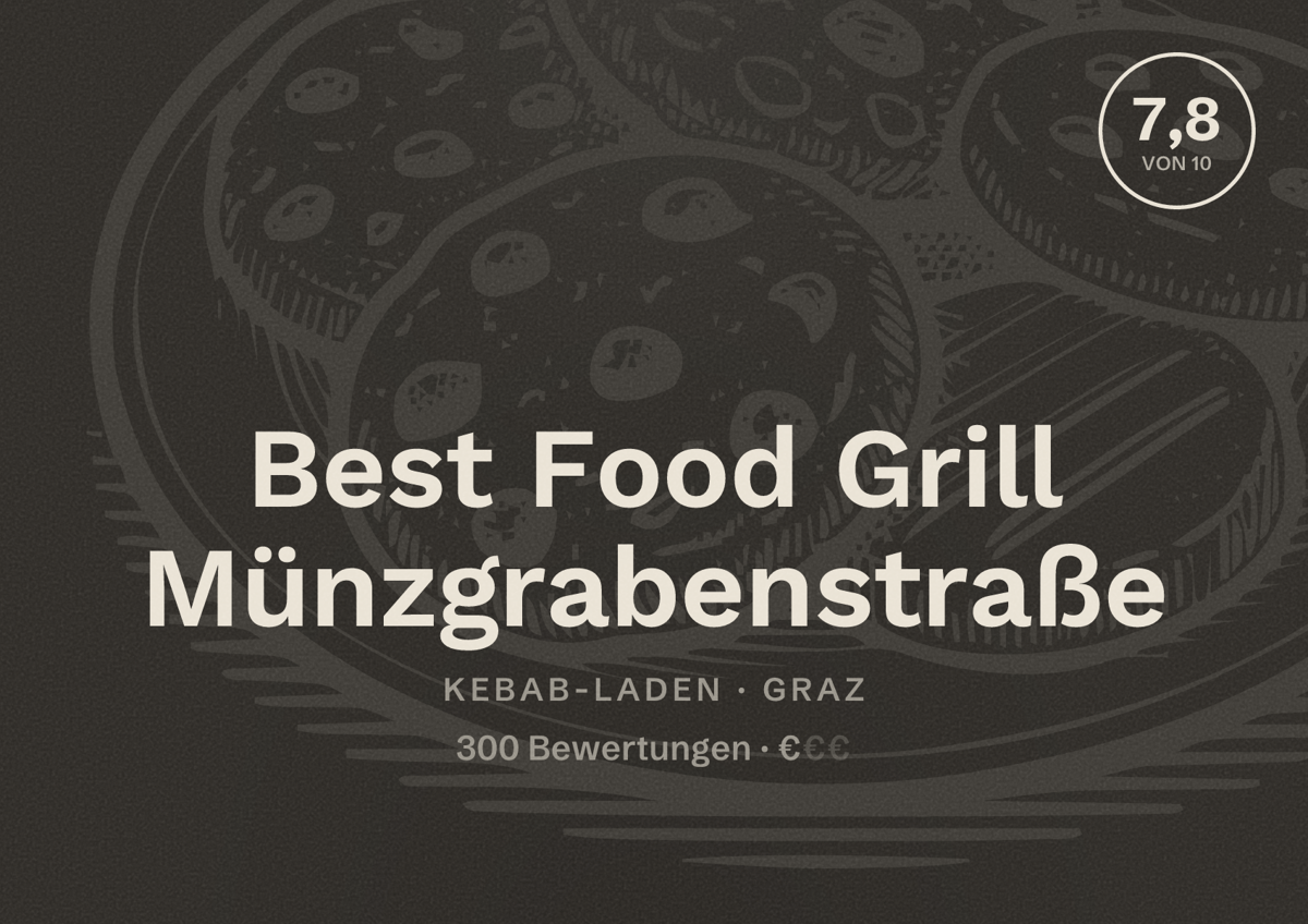 Illustriertes Poster von Best Food Grill Münzgrabenstraße, Kebab-Laden in Graz: Bewertung 7,8 von 10 aus 300 Bewertungen, Preisniveau €