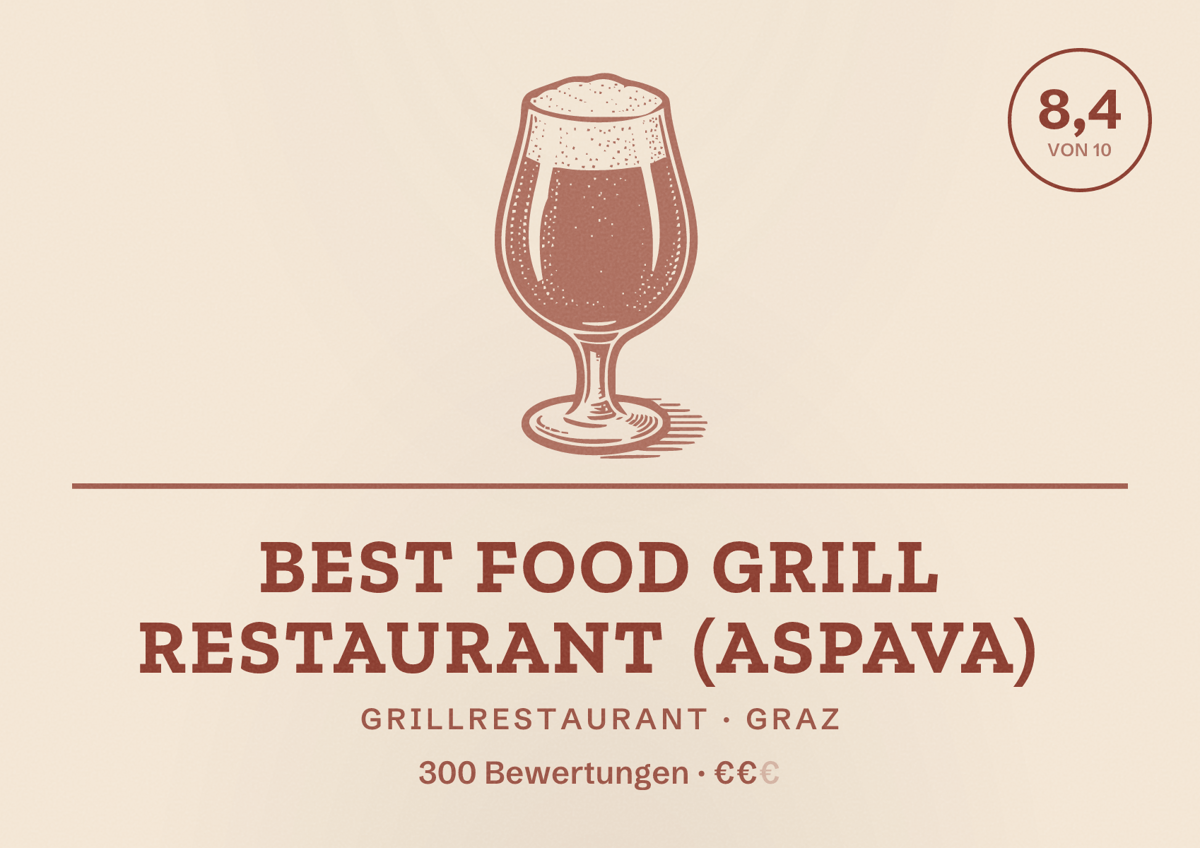 Illustriertes Poster von Best Food Grill Restaurant (ASPAVA), Grillrestaurant in Graz: Bewertung 8,4 von 10 aus 300 Bewertungen, Preisniveau €€