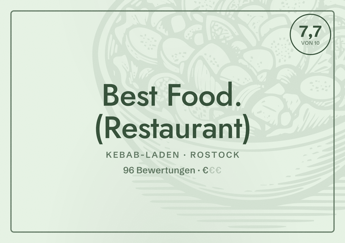 Illustriertes Poster von Best Food. (Restaurant), Kebab-Laden in Rostock: Bewertung 7,7 von 10 aus 96 Bewertungen, Preisniveau €