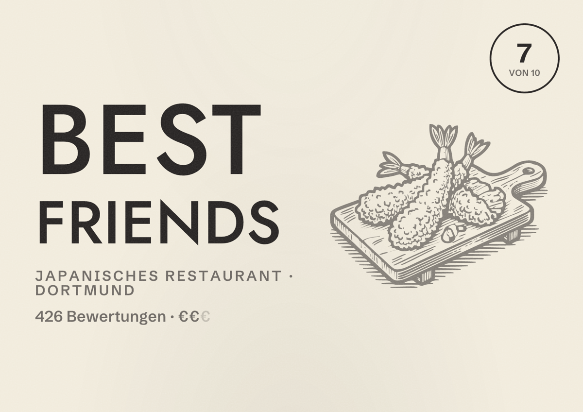 Illustriertes Poster von Best Friends, Japanisches Restaurant in Dortmund: Bewertung 7 von 10 aus 426 Bewertungen, Preisniveau €€