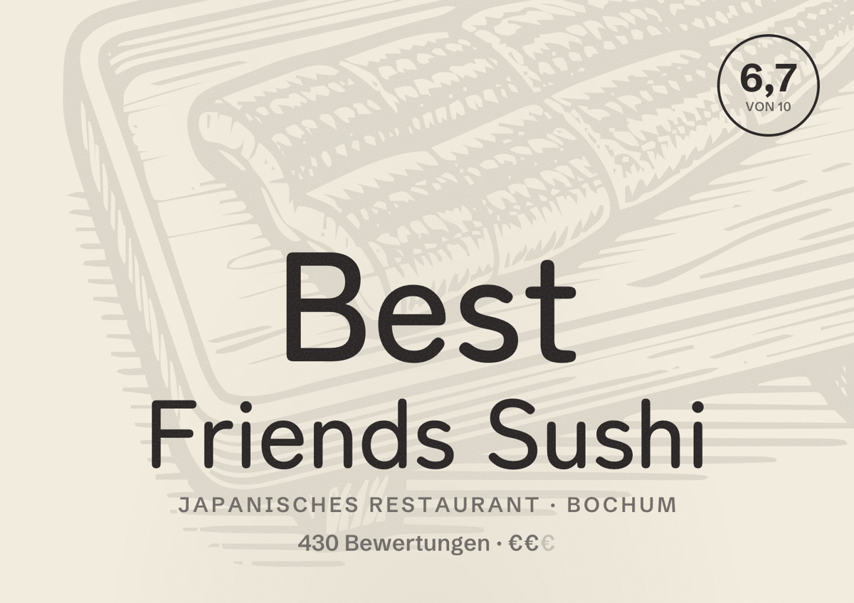 Illustriertes Poster von Best Friends Sushi, Japanisches Restaurant in Bochum: Gästebewertung 6,7 von 10 aus 430 Bewertungen