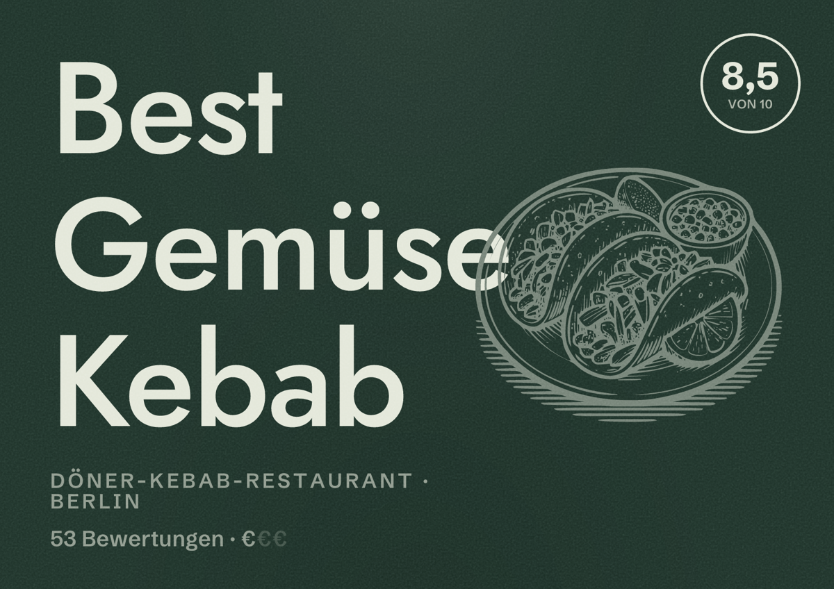 Illustriertes Poster von Best Gemüse Kebab, Döner-Kebab-Restaurant in Berlin: Bewertung 8,5 von 10 aus 53 Bewertungen, Preisniveau €