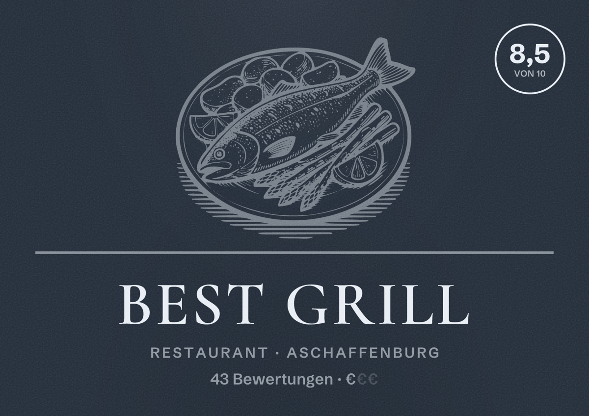 Illustriertes Poster von Best Grill, Restaurant in Aschaffenburg: Bewertung 8,5 von 10 aus 43 Bewertungen, Preisniveau €