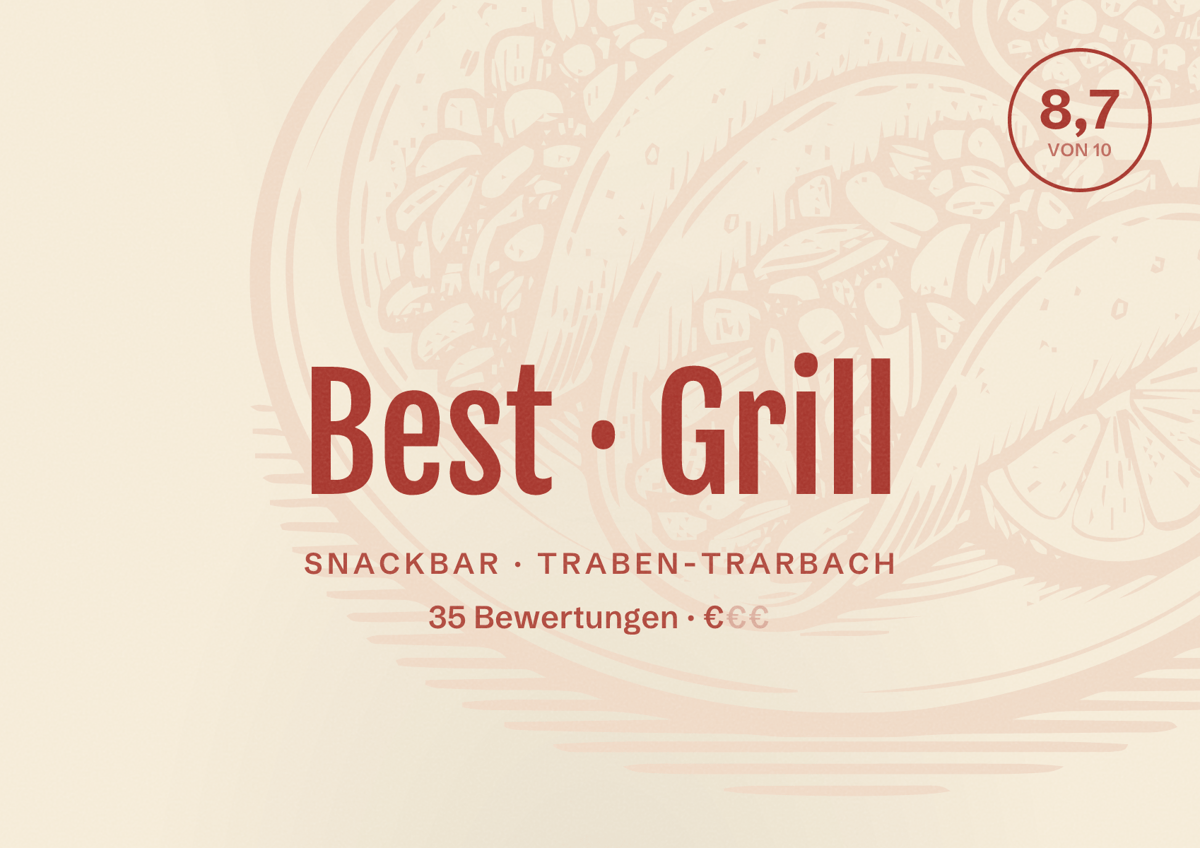 Illustriertes Poster von Best Grill, Snackbar in Traben-Trarbach: Bewertung 8,7 von 10 aus 35 Bewertungen, Preisniveau €