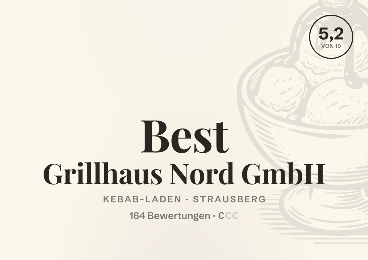 Illustriertes Poster von Best Grillhaus Nord GmbH, Kebab-Laden in Strausberg: Bewertung 5,2 von 10 aus 164 Bewertungen, Preisniveau €