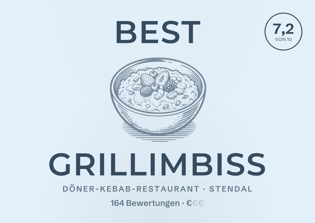 Illustriertes Poster von Best Grillimbiss, Döner-Kebab-Restaurant in Stendal: Bewertung 7,2 von 10 aus 164 Bewertungen, Preisniveau €