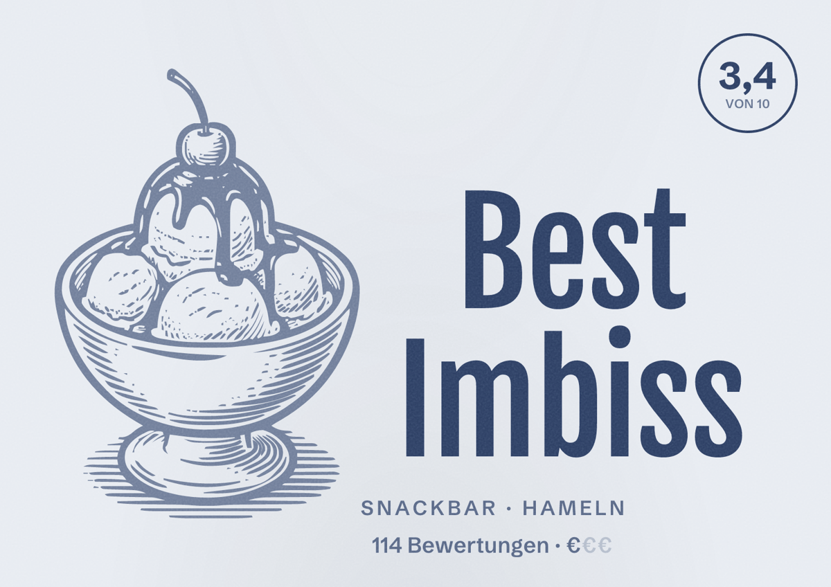 Illustriertes Poster von Best Imbiss, Snackbar in Hameln: Bewertung 3,4 von 10 aus 114 Bewertungen, Preisniveau €