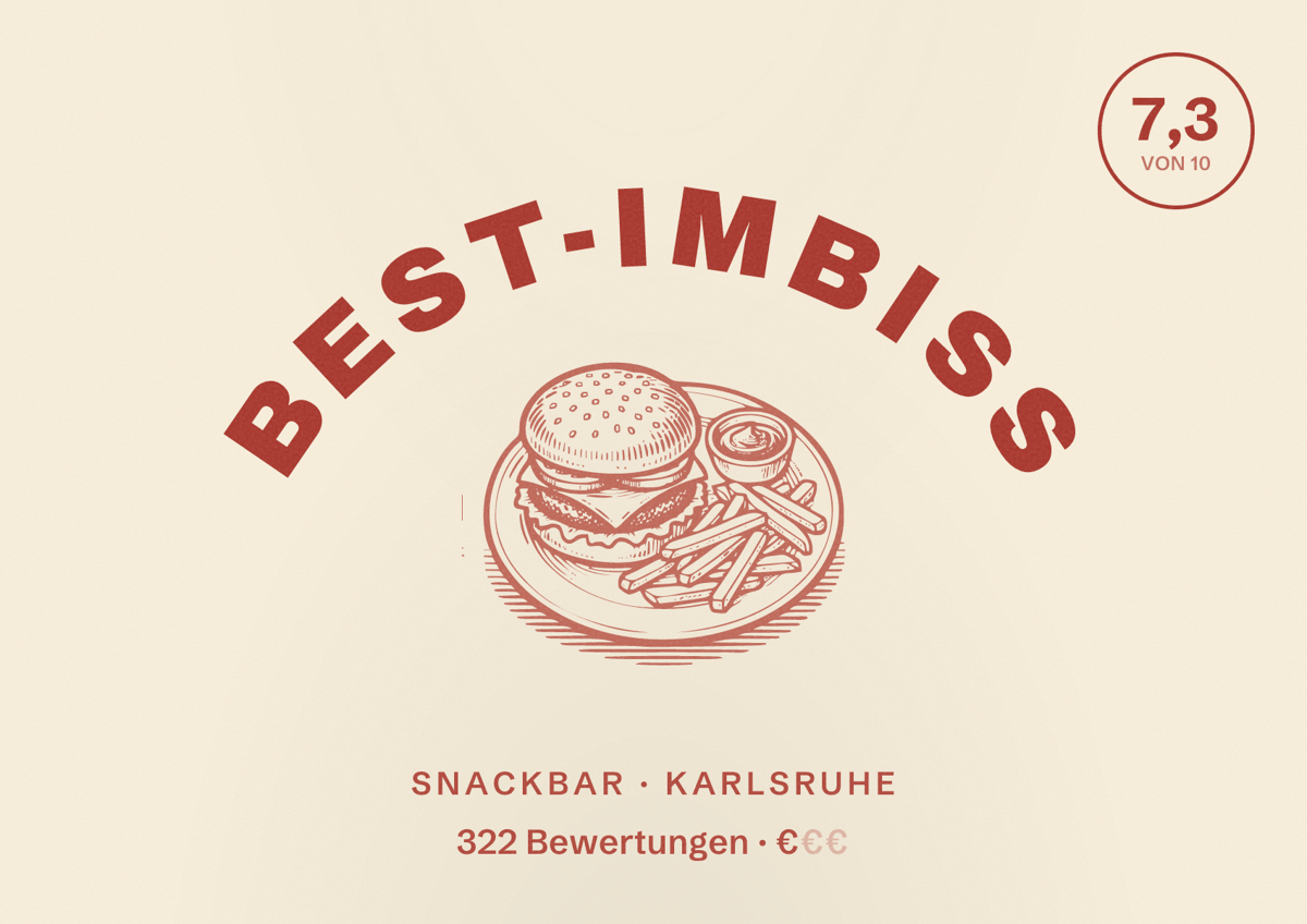 Illustriertes Poster von Best-Imbiss, Snackbar in Karlsruhe: Bewertung 7,3 von 10 aus 322 Bewertungen, Preisniveau €